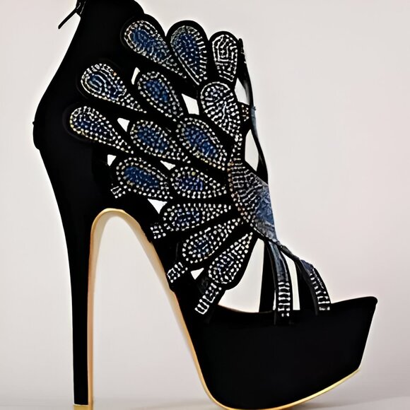 Black Velvet Blue Sequin Jewel Crystal Stiletto Christmas Holiday Party Heels 6 - Picture 10 of 10
